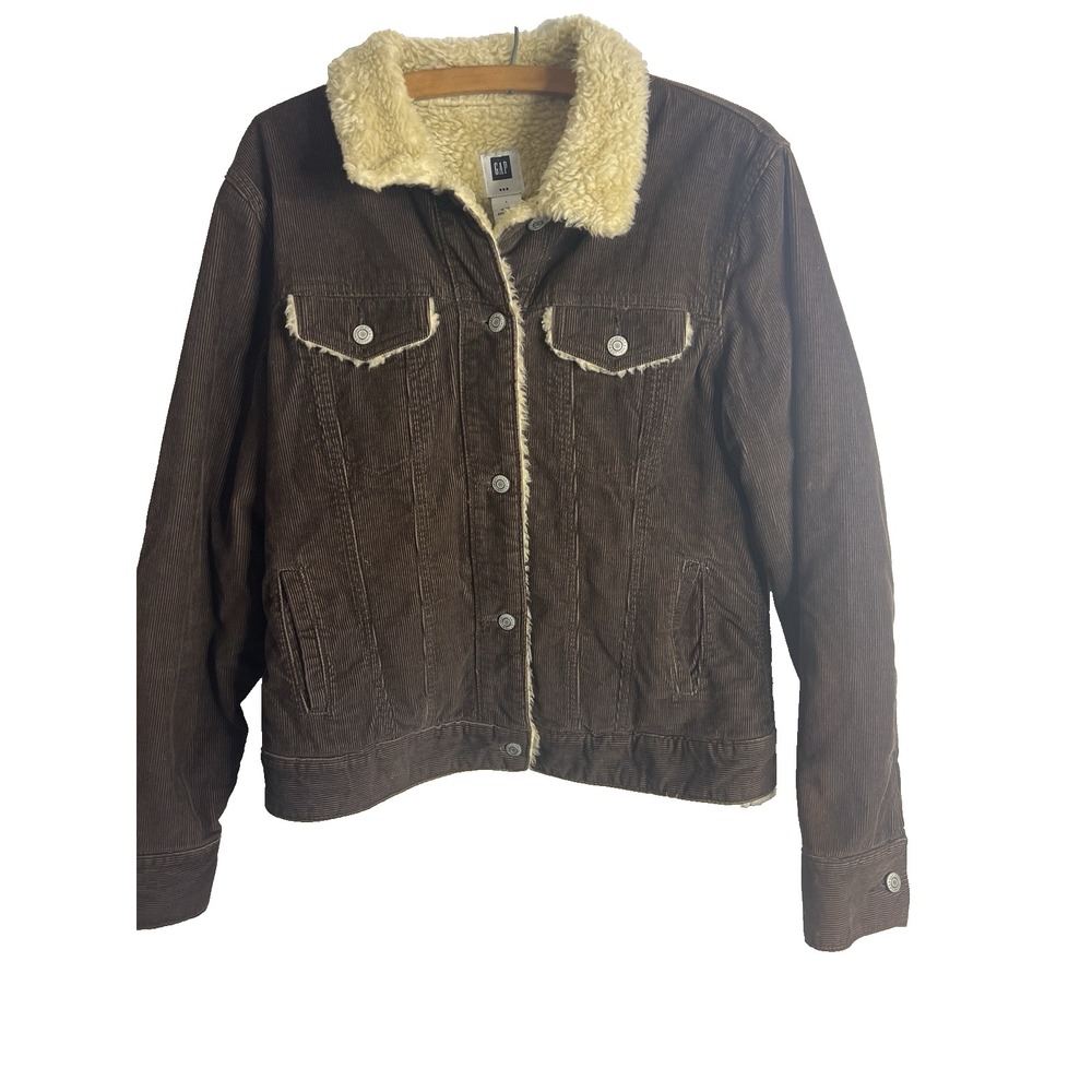 Vtg Y2K Gap Brown Corduroy Trucker Jacket L Faux Fur Collar Women Classic